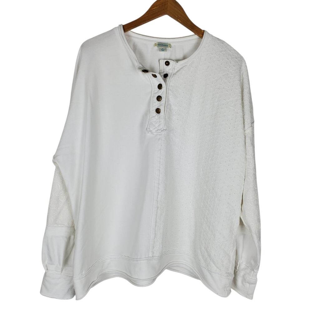 Sundance Split Lace Front Embroidered Top XL White Long Sleeve Cotton Henley
